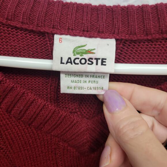 VTG Lacoste Cable Knit Sweater XL+ V-Neck Burgundy Retro Preppy Skater Academia - Picture 5 of 9